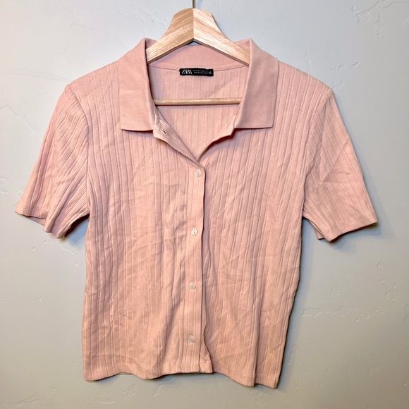 ZARA Women’s Ribbed Crop Polo Collared Button-Up Blouse - Picture 1 of 5